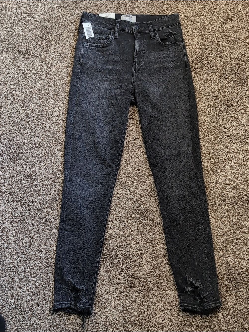 AGOLDE Sophie Mid Rise Black Skinny Cropped Jeans with Distressed Hem NEW